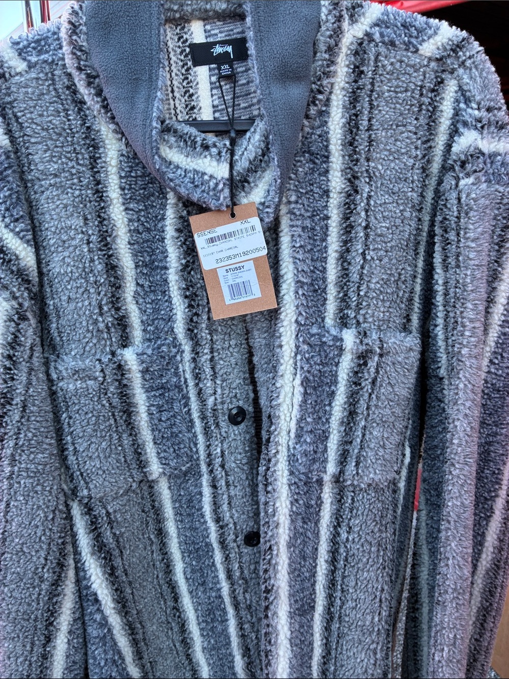 Stussy Men’s Gray and Cream Striped Teddy Jacket